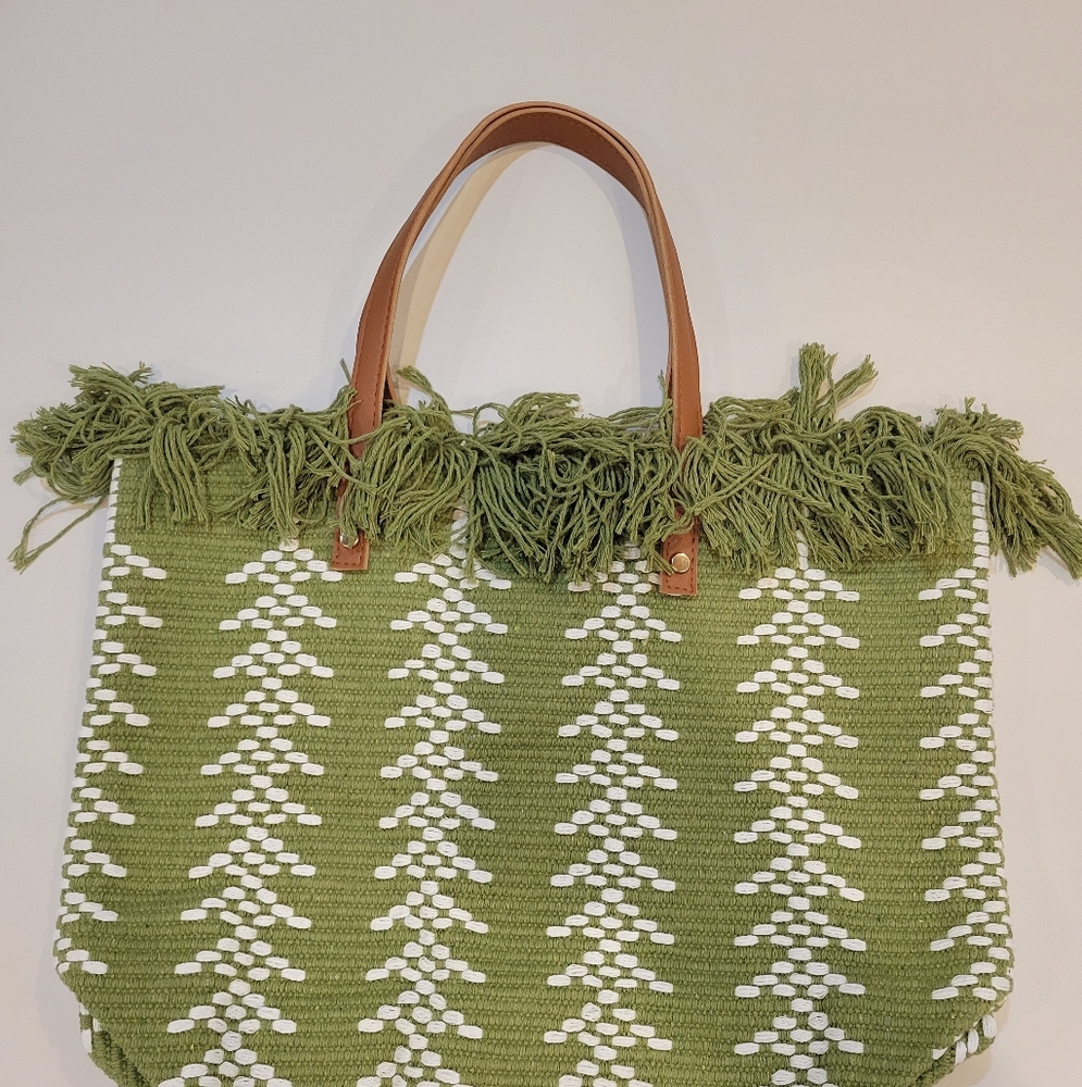 Green Fringe Woven Tote Bag with White Accent